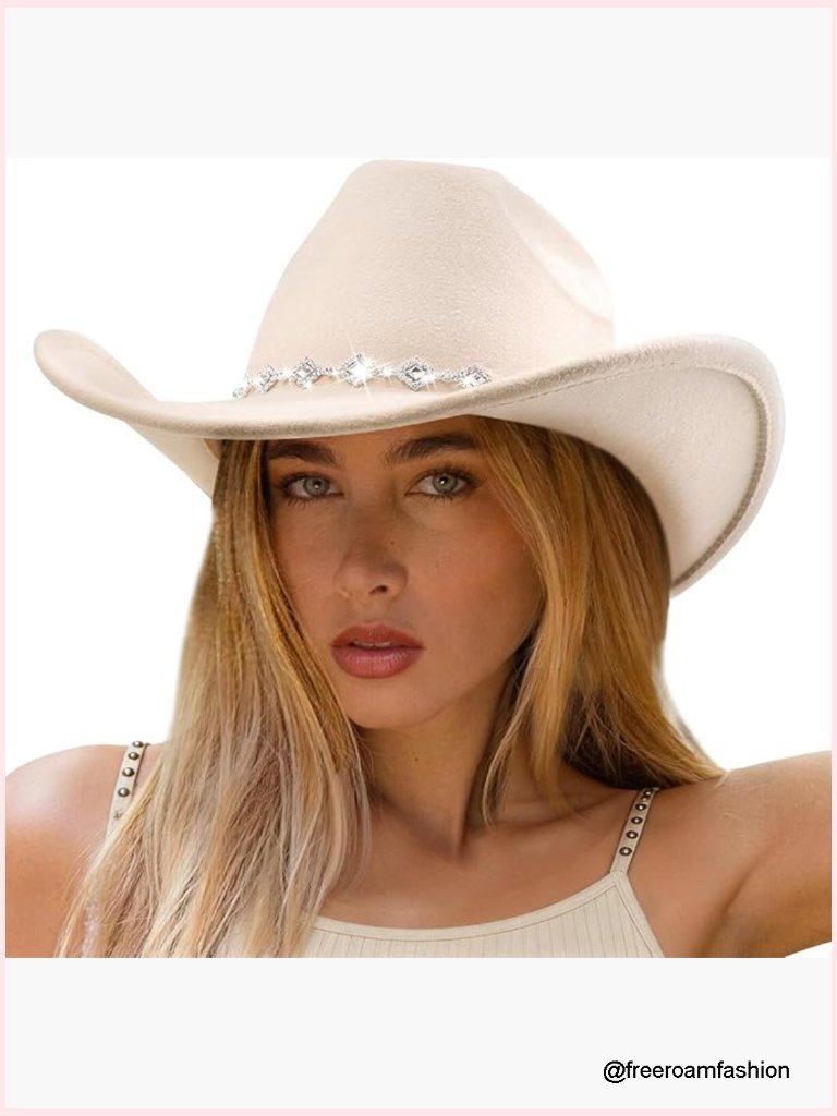 Rhinestone Cowboy Hat Wide Brim Felt Fedora Unisex Rolled Up Caps
